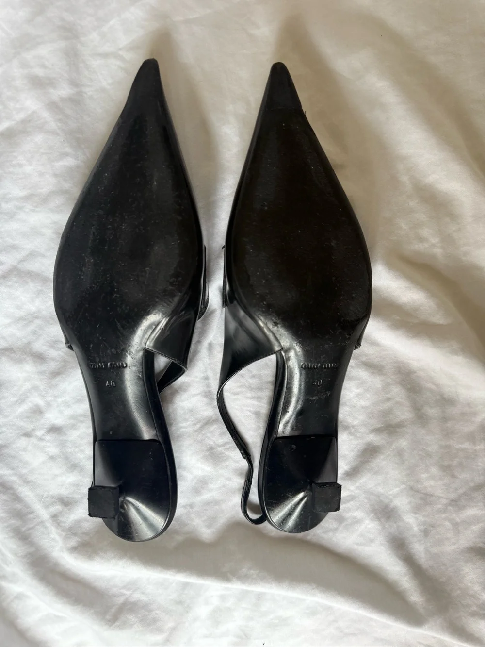 Miu Miu Black Pointed Leather Slingback Penny Loafer Pumps with Gold Penny 40
